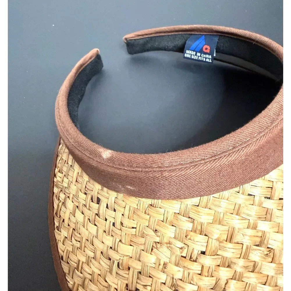 Woven Straw Sun Visor Hat Brown Trim Beach Resort Vacation Golf Tennis One size